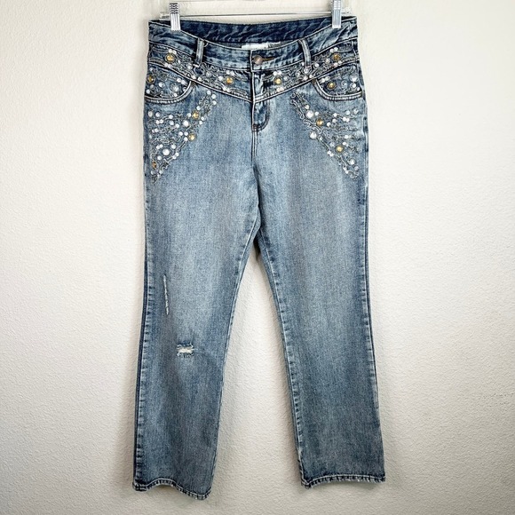 Jeanology Vintage Jeans Womens 29 Mid Rise Straight Leg Jeweled Bling Light Wash - Picture 1 of 5